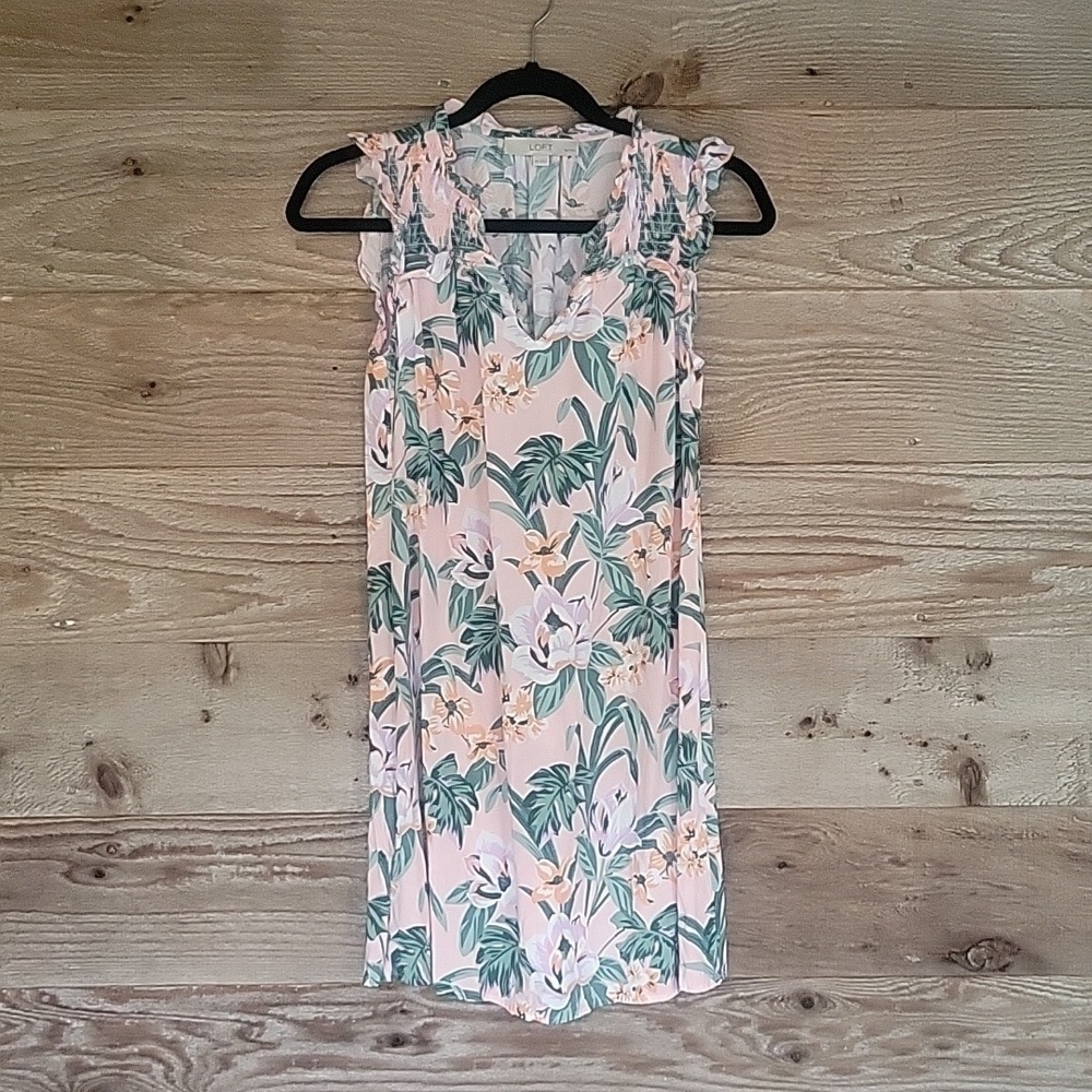 Loft Pink Floral Print Deess with Smocking Size XSmall Petite